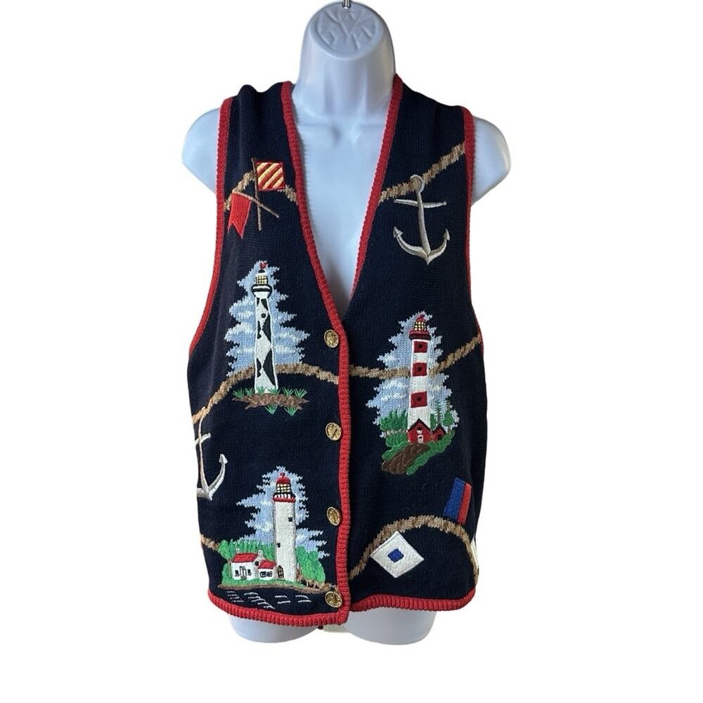 PBJ Sport Nautical Lighthouse Anchor Sweater Vest Coastal Maritime L